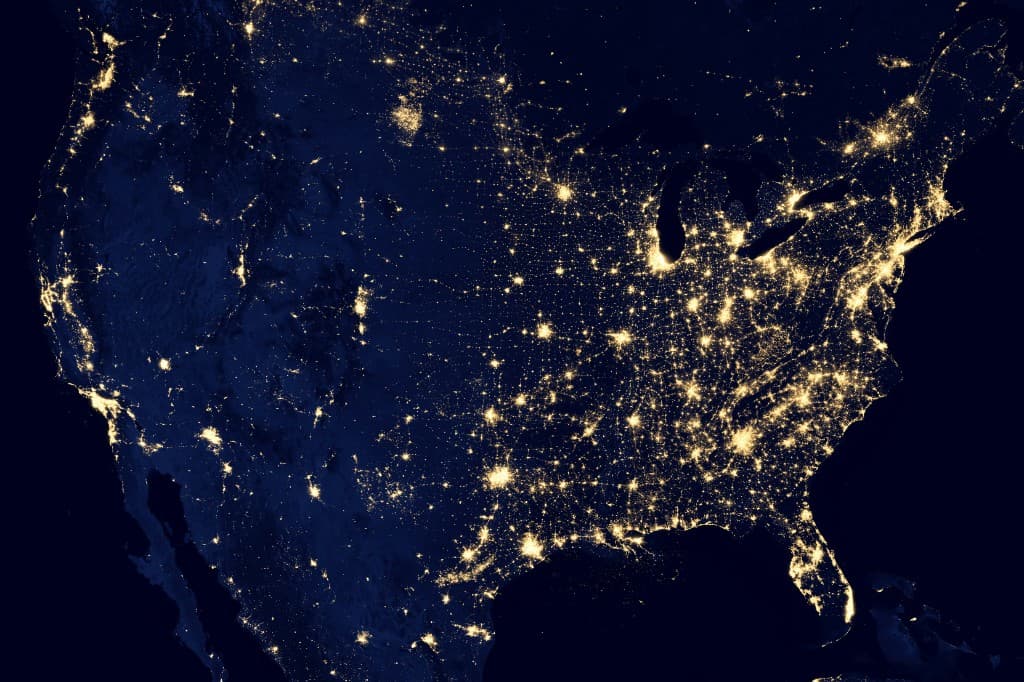 City lights across North America at night from space